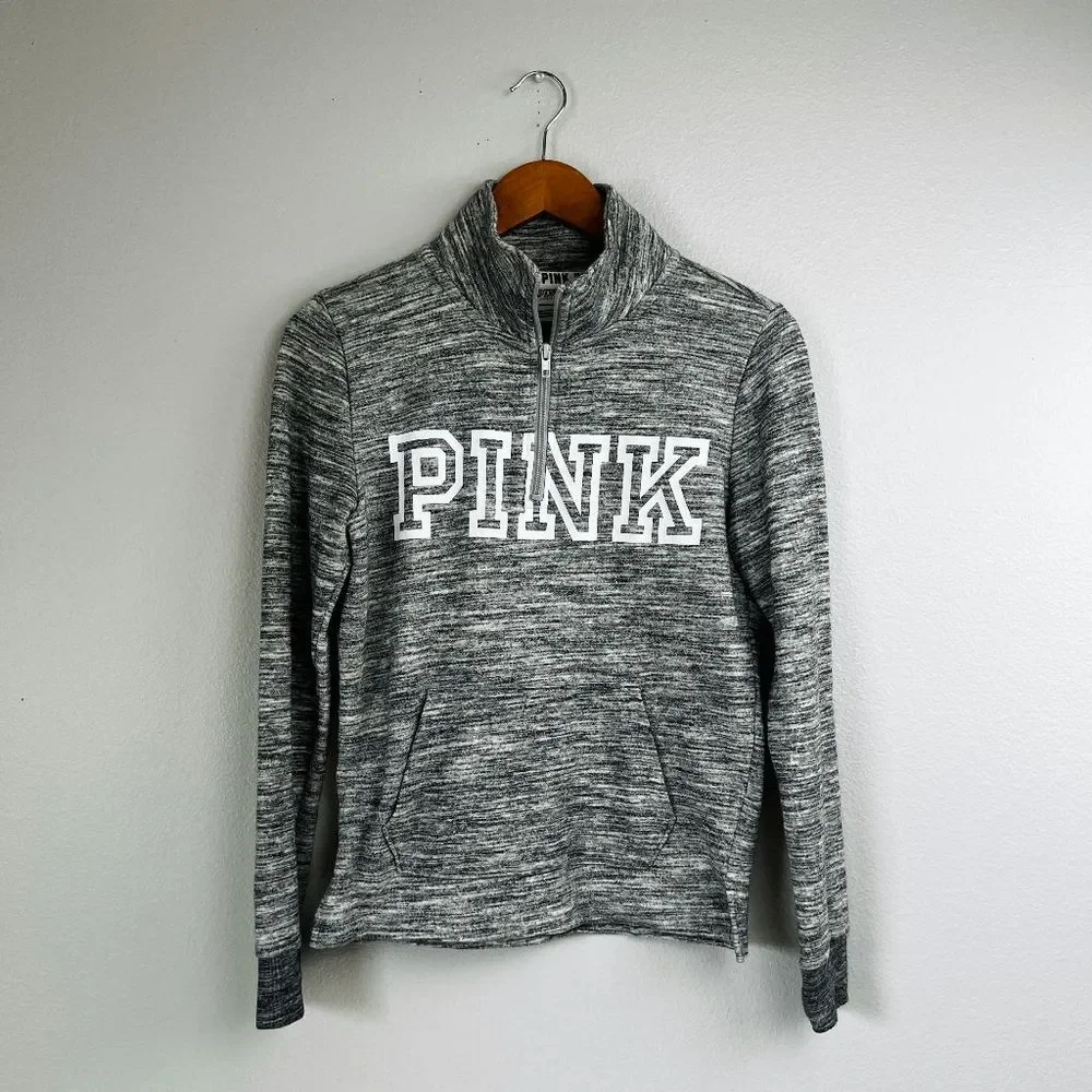 PINK Victoria's Secret Sweatshirt 1/4 Zip Pullover Spell Out Long Sleeve Gray XS